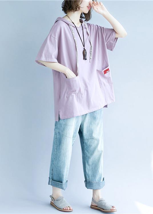 Natural Hooded Pockets Cotton Summer Blouses for Tutorials Purple Blouses