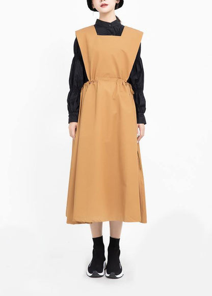 Natural Khaki Cotton Clothes Drawstring Cotton Robes Sleeveless Dress