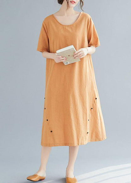 Natural Khaki O Neck Cotton Linen Dresses Button Decorated Summer Dress