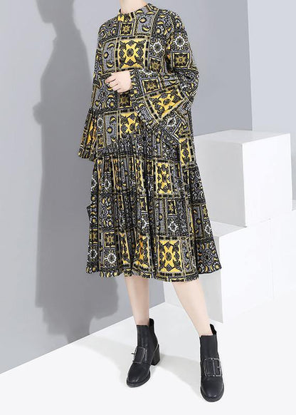 Natural Lantern Sleeve Chiffon Fall Outfit Design Yellow Prints Chiffon Robes Dresses