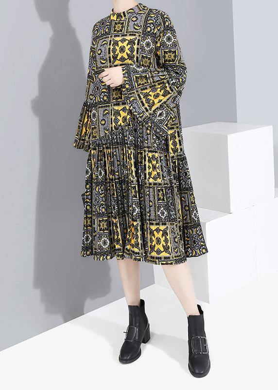 Natural Lantern Sleeve Chiffon Fall Outfit Design Yellow Prints Chiffon Robes Dresses