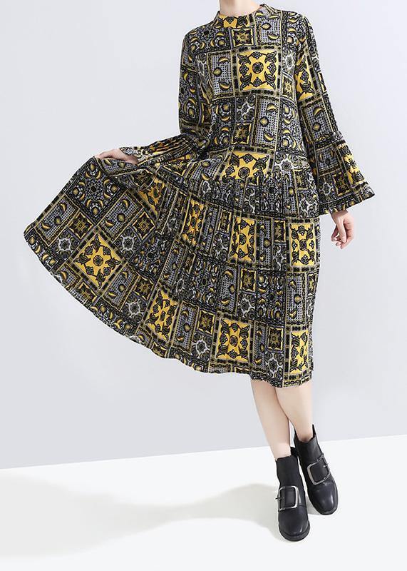 Natural Lantern Sleeve Chiffon Fall Outfit Design Yellow Prints Chiffon Robes Dresses