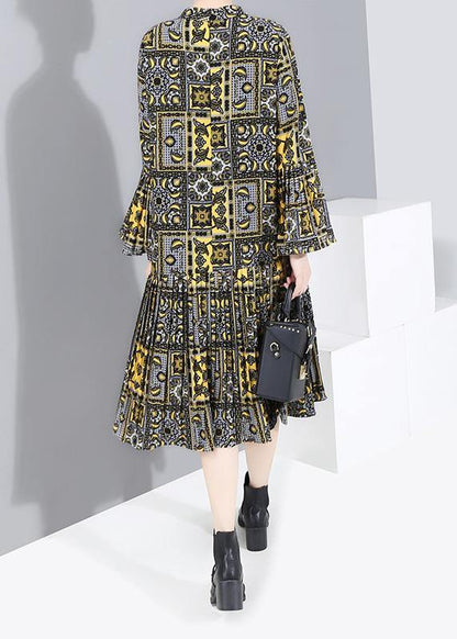 Natural Lantern Sleeve Chiffon Fall Outfit Design Yellow Prints Chiffon Robes Dresses