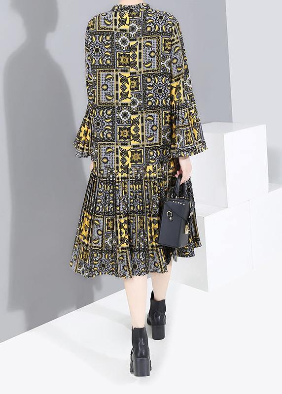 Natural Lantern Sleeve Chiffon Fall Outfit Design Yellow Prints Chiffon Robes Dresses
