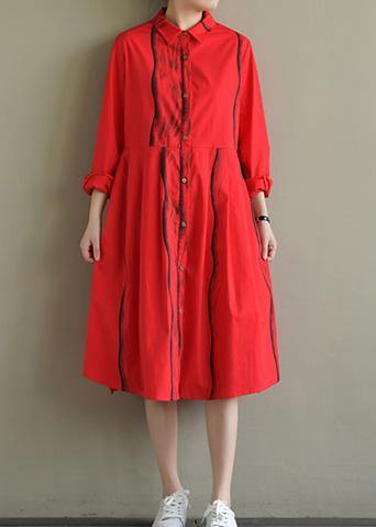 Natural Lapel Button Down Cotton Tunic Work Outfits Red Striped Dresses Summer