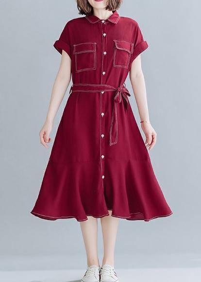 Natural Lapel Ruffles Linen Clothes for Work Red Dresses