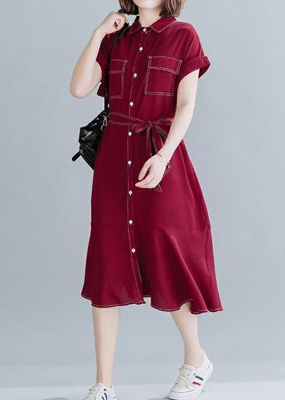 Natural Lapel Ruffles Linen Clothes for Work Red Dresses