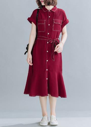 Natural Lapel Ruffles Linen Clothes for Work Red Dresses