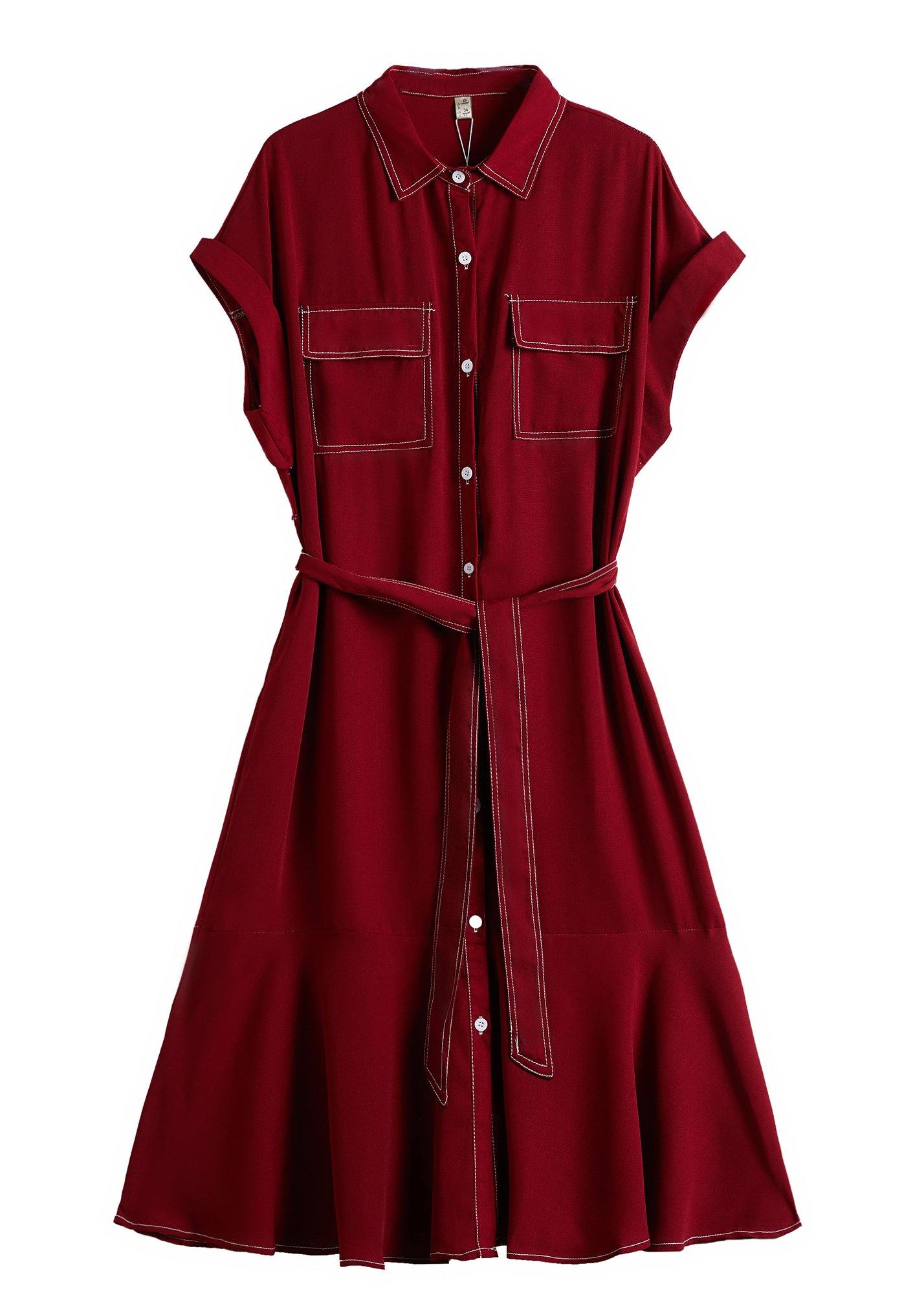 Natural Lapel Ruffles Linen Clothes for Work Red Dresses