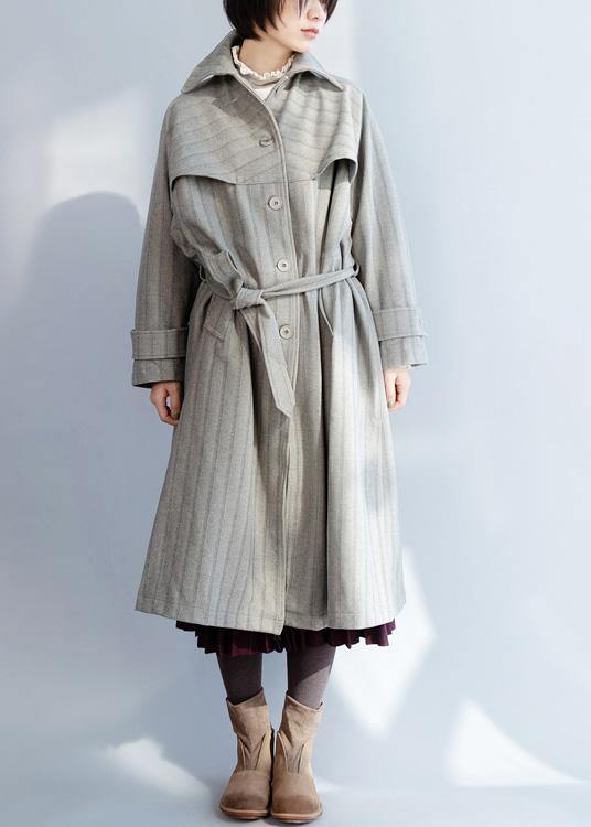 Natural Lapel Collar Tie Waist Clothes for Gray Baggy Coat