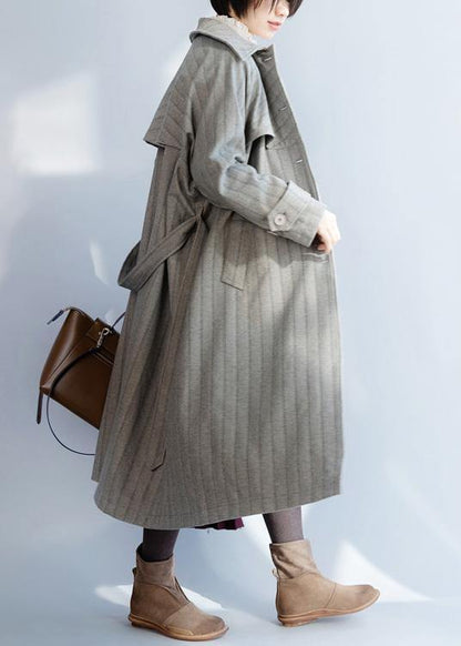 Natural Lapel Collar Tie Waist Clothes for Gray Baggy Coat