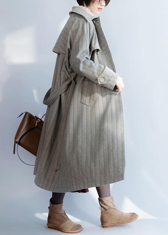 Natural Lapel Collar Tie Waist Clothes for Gray Baggy Coat