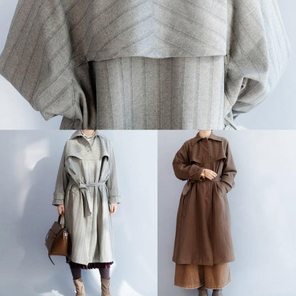 Natural Lapel Collar Tie Waist Clothes for Gray Baggy Coat