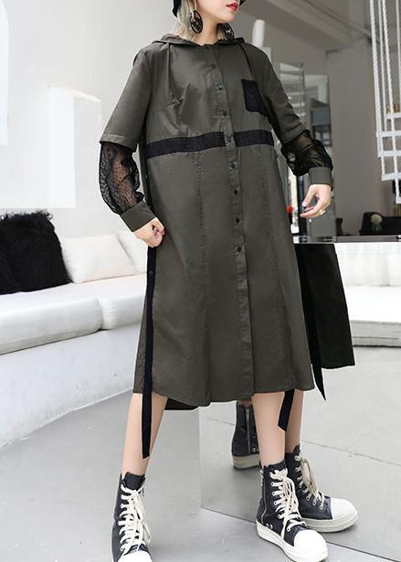 Natural Lapel Collar Patchwork Tulle Cotton Tunic Dress Work Gray Green Traveling Lapel Dress