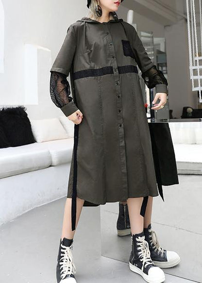 Natural Lapel Collar Patchwork Tulle Cotton Tunic Dress Work Gray Green Traveling Lapel Dress