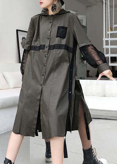 Natural Lapel Collar Patchwork Tulle Cotton Tunic Dress Work Gray Green Traveling Lapel Dress