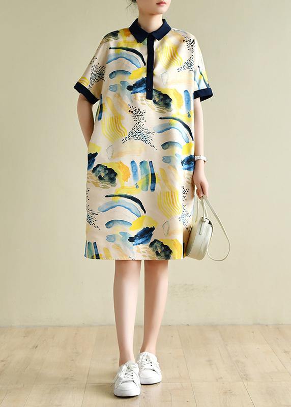 Natural Lapel Short Sleeve Tunics Design Yellow Print Dresses