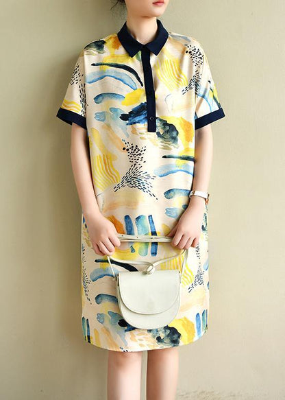 Natural Lapel Short Sleeve Tunics Design Yellow Print Dresses