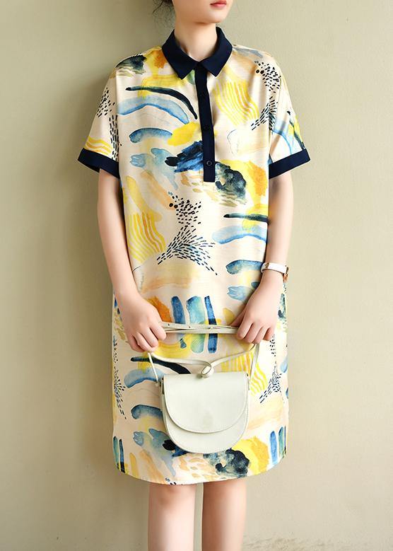 Natural Lapel Short Sleeve Tunics Design Yellow Print Dresses