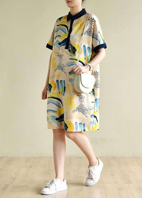 Natural Lapel Short Sleeve Tunics Design Yellow Print Dresses