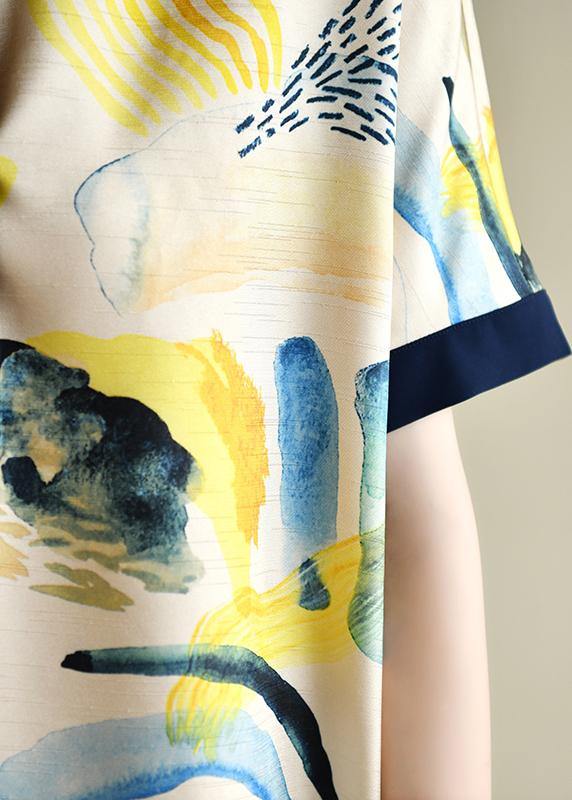 Natural Lapel Short Sleeve Tunics Design Yellow Print Dresses