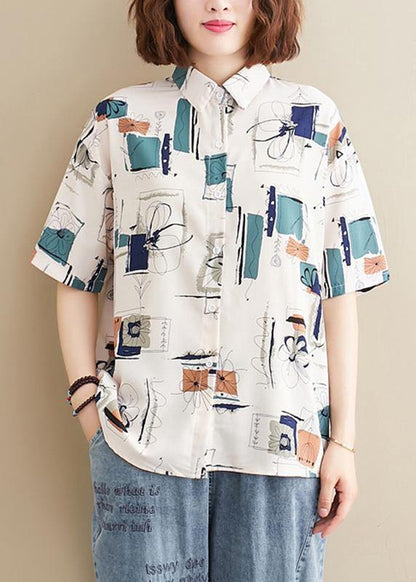Natural Lapel Summer Tops Work Outfits White Print Blouses