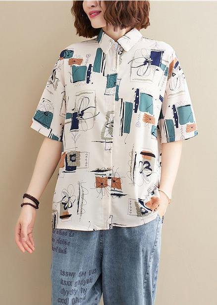 Natural Lapel Summer Tops Work Outfits White Print Blouses