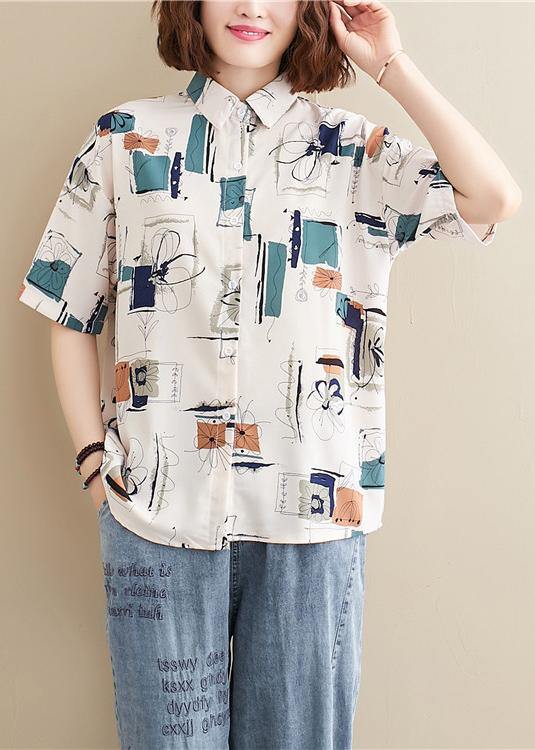 Natural Lapel Summer Tops Work Outfits White Print Blouses