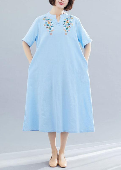Natural Light Blue Linen Cotton Clothes Embroidery Clothing Summer Dresses