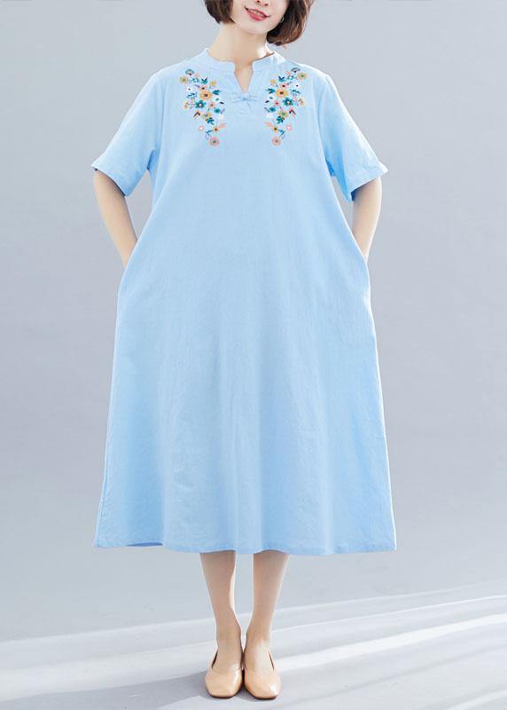 Natural Light Blue Linen Cotton Clothes Embroidery Clothing Summer Dresses