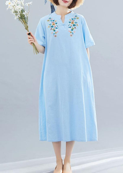 Natural Light Blue Linen Cotton Clothes Embroidery Clothing Summer Dresses