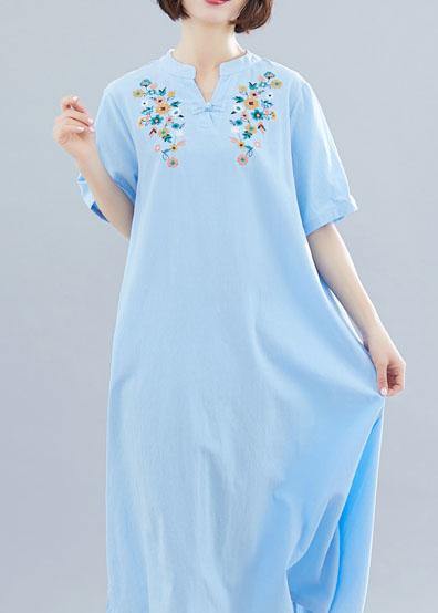 Natural Light Blue Linen Cotton Clothes Embroidery Clothing Summer Dresses