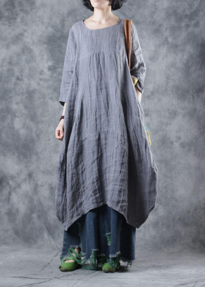 Natural Linen Clothes for Work Gray Dress O Neck