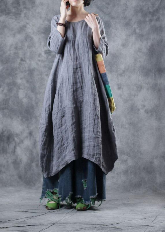 Natural Linen Clothes for Work Gray Dress O Neck