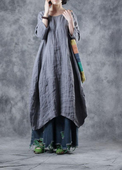 Natural Linen Clothes for Work Gray Dress O Neck