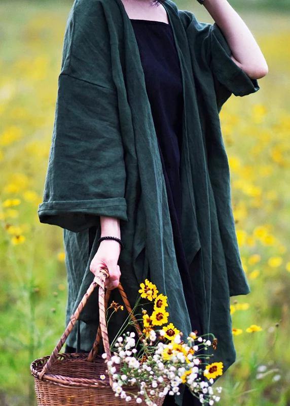 White Flowers Natural Linen Top Silhouette Pure Color Lacing Long Sleeve Coat