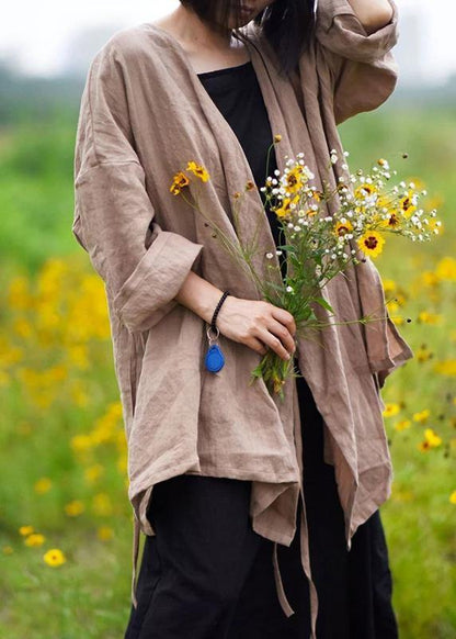 Natural Linen Top Silhouette Pure Color Lacing Long Sleeve Coat