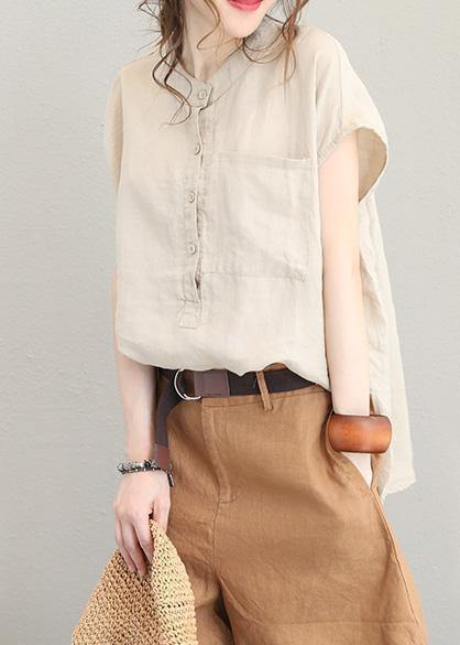 Natural Low High Design Linen Tunic Top Shirts Khaki O Neck Top Summer