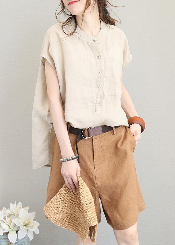 Natural Low High Design Linen Tunic Top Shirts Khaki O Neck Top Summer