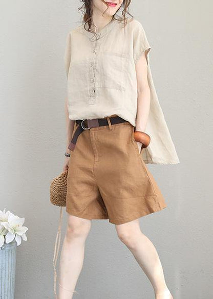 Natural Low High Design Linen Tunic Top Shirts Khaki O Neck Top Summer