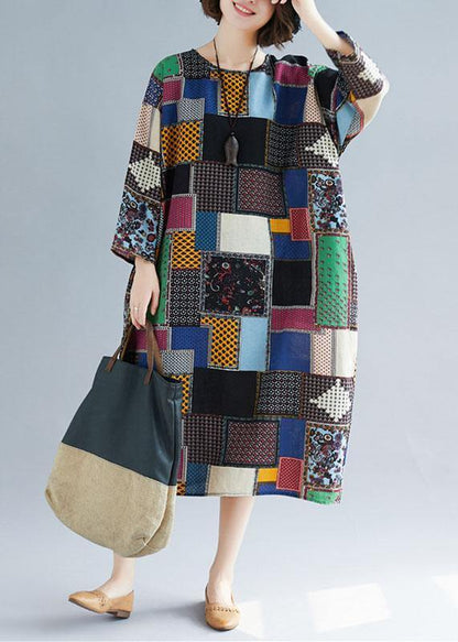 Natural Multicolor Linen Wardrobes O Neck Pockets Long Dress