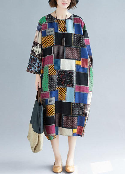 Natural Multicolor Linen Wardrobes O Neck Pockets Long Dress