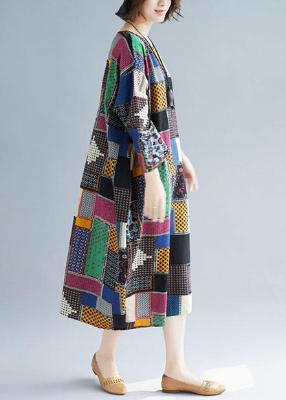 Natural Multicolor Linen Wardrobes O Neck Pockets Long Dress