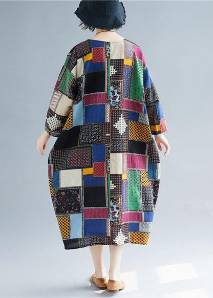 Natural Multicolor Linen Wardrobes O Neck Pockets Long Dress