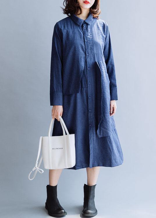 Natural Navy Tunics Lapel Patchwork Art Fall Dresses