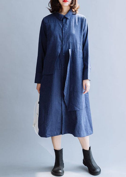 Natural Navy Tunics Lapel Patchwork Art Fall Dresses