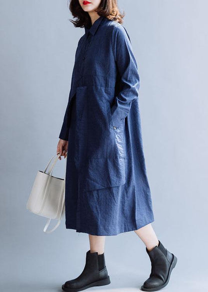 Natural Navy Tunics Lapel Patchwork Art Fall Dresses