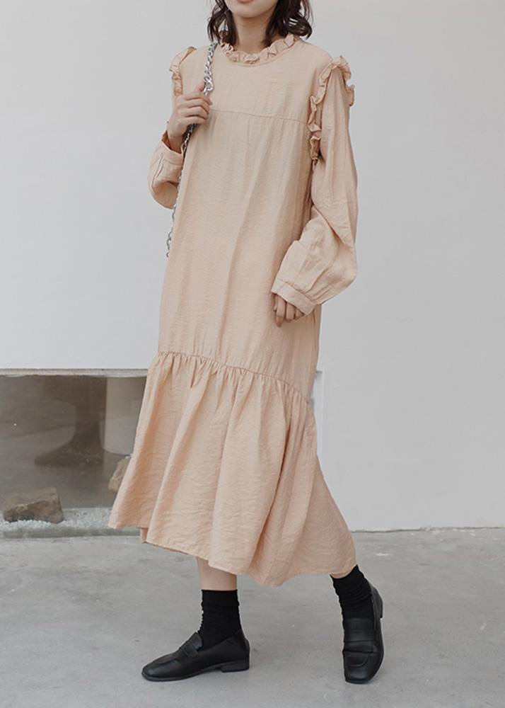 Natural Nude Cotton Clothes Ruffles Art Stand Collar Dress