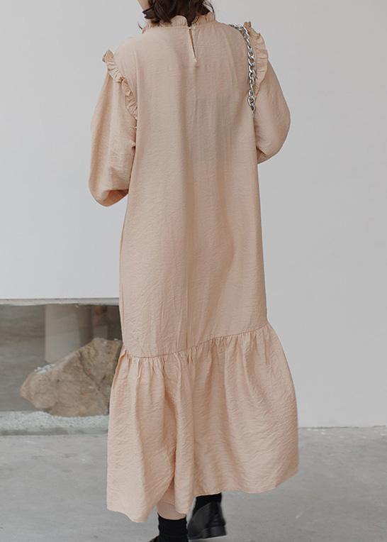 Natural Nude Cotton Clothes Ruffles Art Stand Collar Dress