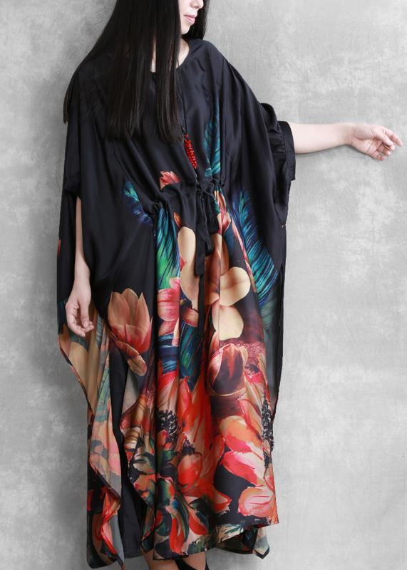 Natural O Neck Batwing Sleeve Summer Dresses Black Print Dresses